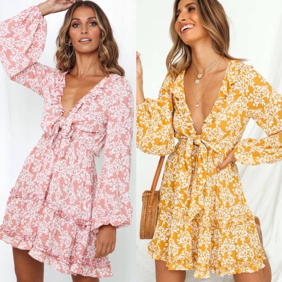 Ruffle Floral Long Sleeve Boho Gypsy Dress Yellow - Picture 14 of 14